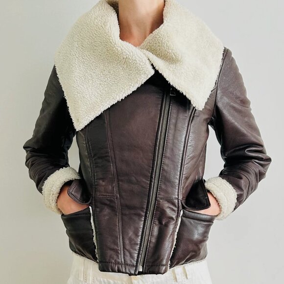 Danier Leather Bomber Jacket Brown Aviator Genuine Leather Shearling Collar Vtg - Picture 3 of 6